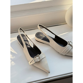 Giày slingback nữ cao gót mũi nhọn, quai hậu khóa kim loại, da bóng, phong cách thanh lịch M625