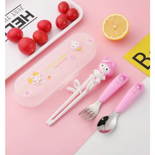 Bộ Thìa Dĩa Đũa Tập Ăn An Toàn Cho Bé Bằng Inox 304, Đũa Ăn Dặm Xỏ Ngón Tập Gắp Cho Trẻ Em, Thìa Tập Xúc Hình Con Mèo