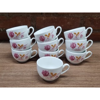 Combo ly trà, tách trà có quai, hoa hồng đỏ, hàng bình dân, miệng 6cm, cao 4cm, dung tích 55ml