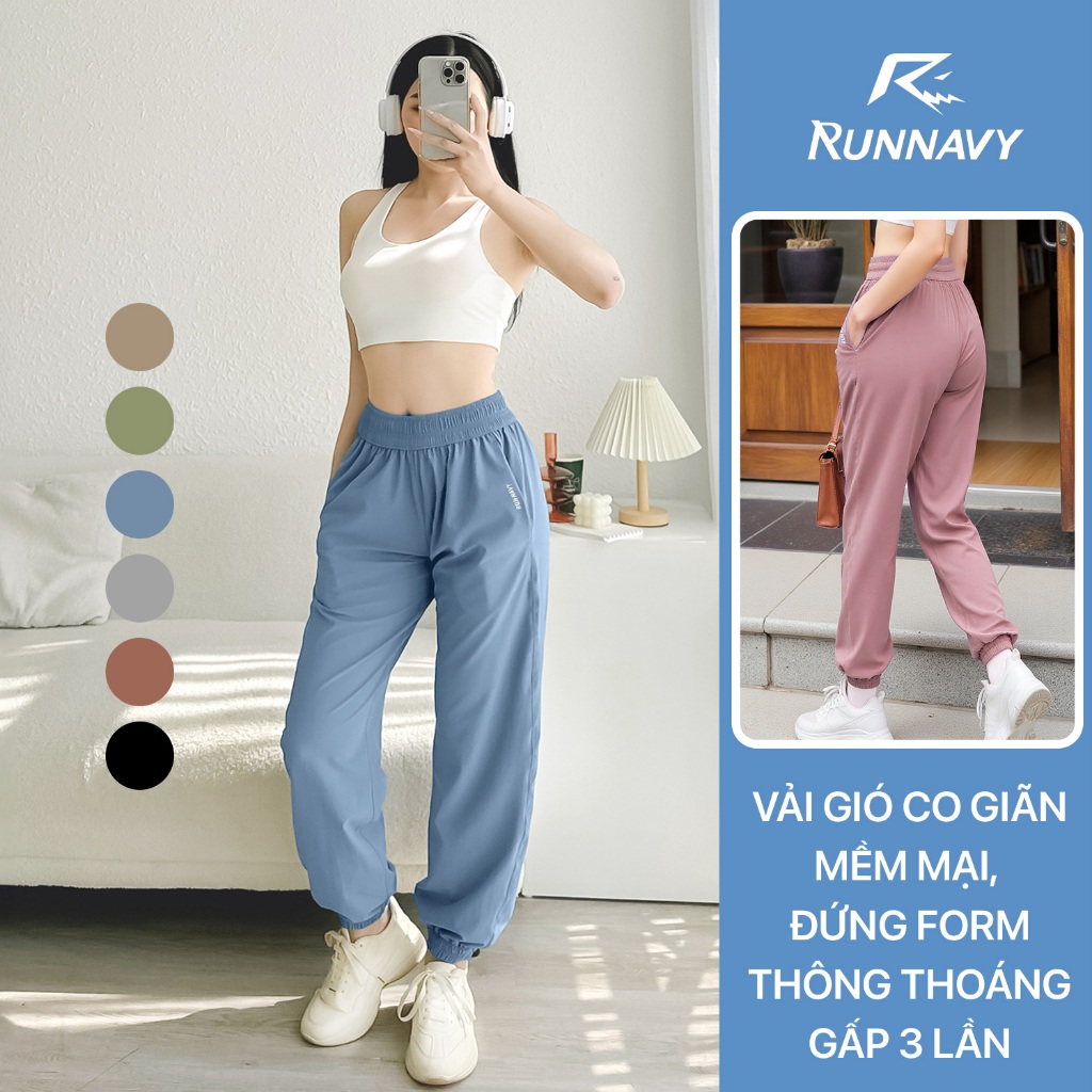 Quần jogger thể thao nữ Run Navy tập gym yoga erobic chạy bộ, vải gió ống rộng mềm thoáng mát WJG28A