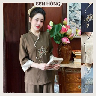 PHÁP PHỤC SEN HỒNG | Quần áo đi chùa - set pháp phục nữ vải đũi Hàn mềm mịn thêu sắc nét G40