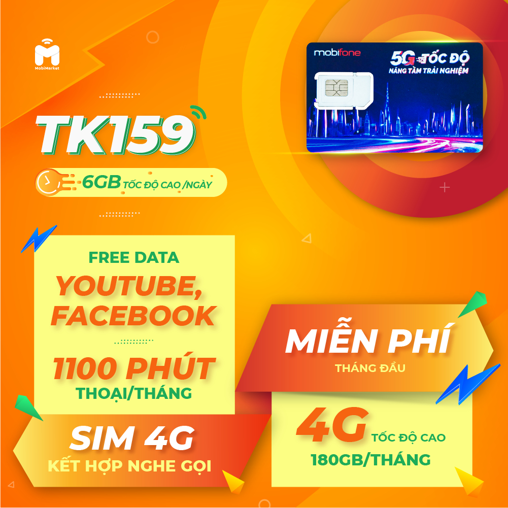 Sim 4G MobiFone Data 6-7-8GB/ngày, FREE Youtube, Facebook, 1100 phút thoại, TK159 Miễn phí tháng đầu