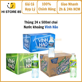 [Thùng 24 chai x 500ml] Nước khoáng Vĩnh Hảo có Ga/ Không Ga/ Chanh có Ga. Hi Store 85.