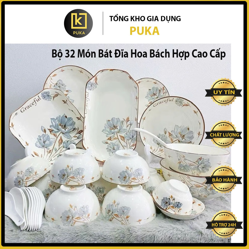 Bộ 32 Món Bát Đĩa Sứ Hoa Bách Viền Vàng Cao Cấp – Sang Trọng Đãi Khách – Hàng Gốm Sứ Puka