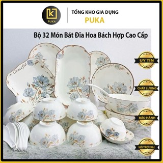 Bộ 32 Món Bát Đĩa Sứ Hoa Bách Viền Vàng Cao Cấp – Sang Trọng Đãi Khách – Hàng Gốm Sứ Puka