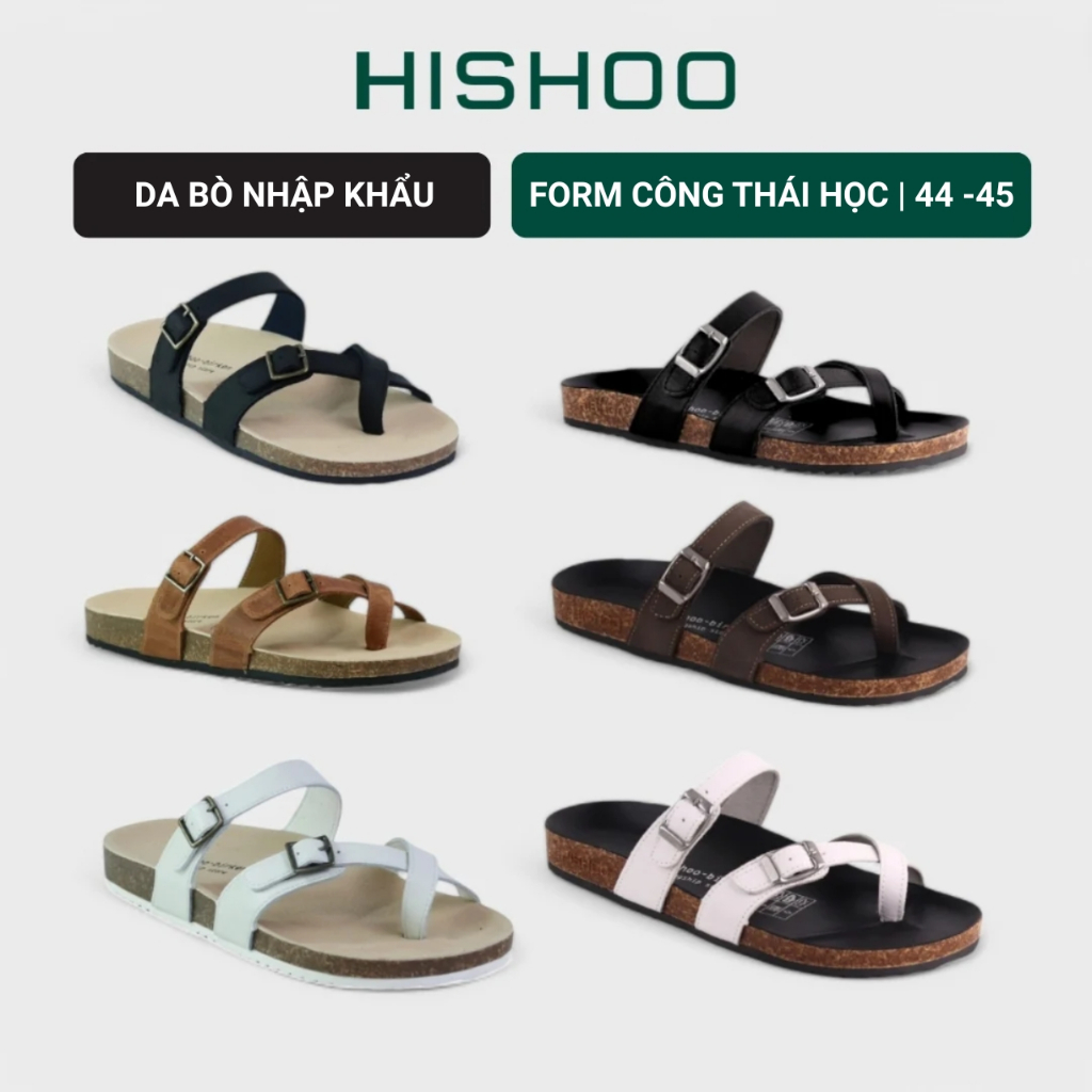 Dép Đế Trấu Nam Nữ Birken Xỏ Ngón MẶT ĐEN Da Bò Sáp Hishoo M098