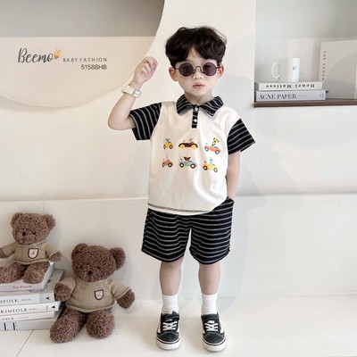 Set polo cộc tay raglan Beemo in hình ô tô vải thun thoáng mát cho bé trai từ 9-24kg 5158BHB