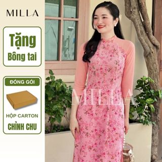 [HỎA TỐC] Áo Dài Hoa Nhí 4 Tà Cao Cấp Vải Voan Ép Nổi May Sẵn Trẻ Trung Áo Dài Màu Hồng MLAV08