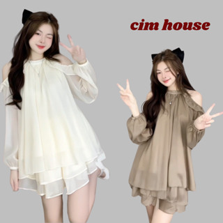 Set bộ quần áo nữ voan tơ bèo cổ yếm hở vai phối quần short dáng xòe 2 lớp bánh bèo tiểu thư CIMHOUSE- CB182