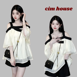 Set bộ đồ nữ áo trễ vai babydoll voan tơ viền đen phối quần short tacta tiểu thư xinh xắn CIMHOUSE-CB785