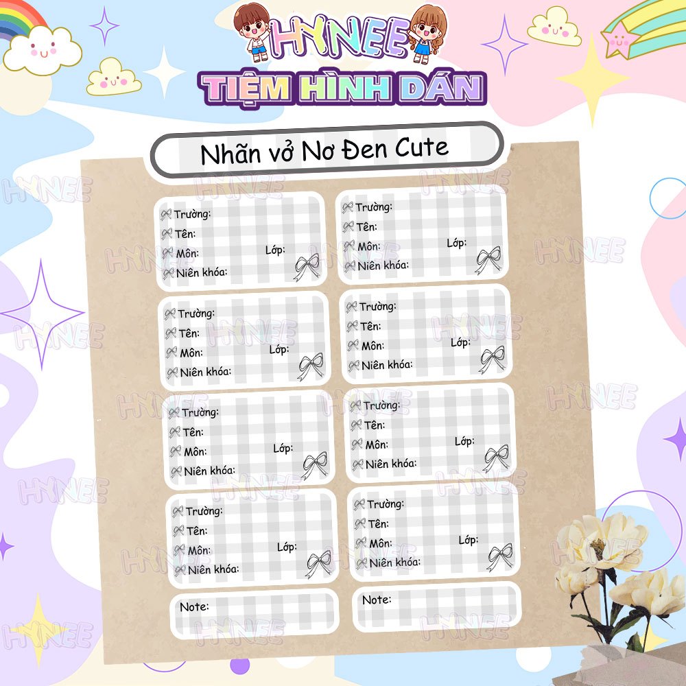 Nhãn Vở Coquette Nơ Xám Black & White, Nhãn Vở Caro Trắng Đen - Nhãn Tập, Giấy Nhãn Coquette Caro Pa