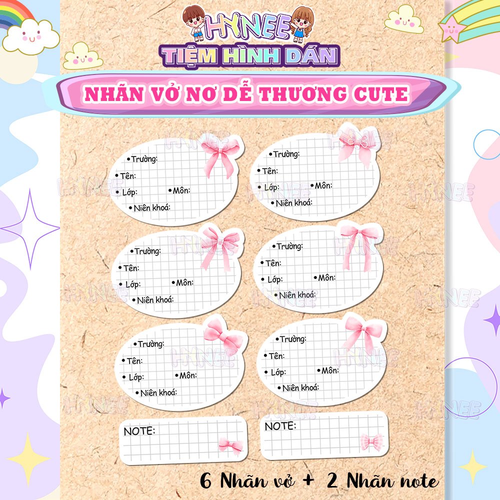 Nhãn Vở Nơ Hồng Coquette Classic, Nhãn Vở Caro Đơn Giản Coquete - Nhãn Tập, Giấy Nhãn Coquette Caro 