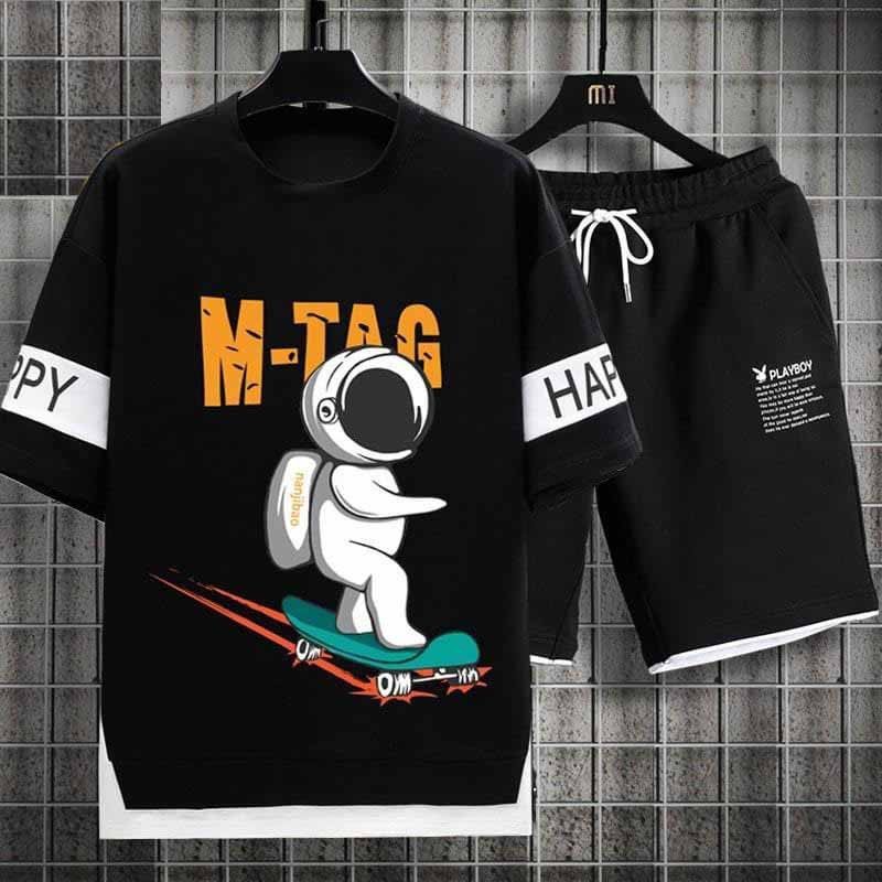 Đồ bộ nam TOP1SHOP áo thun in hình Stitch và quần shorts đùi kẻ ngang - T1S K1