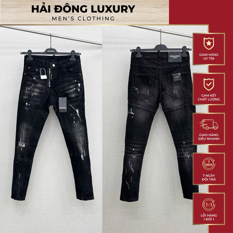 Quần Jean DSQ Đen Xám Hàng SC Khoá Lệch,Rách Xước Vẩy Sơn Nhẹ Fom Biker Côn Ôm Dáng Siêu Đẹp