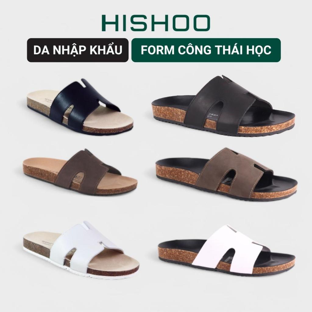 Dép Đế Trấu Nam Nữ Birken Quai Ngang MẶT ĐEN Chữ H Da Bò Sáp Hishoo M095