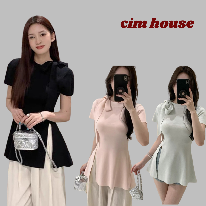 Áo thun nữ áo kiểu nữ xẻ tà thắt nơ lệch cổ tròn vai nơ xẻ tà bên hông tiểu thư CIMHOUSE- MA27