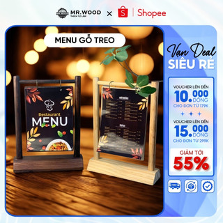 Giá treo menu size A5 gỗ thông, Khung gỗ treo menu size A5 2 màu sáng và tối  [free khắc logo ib shop]