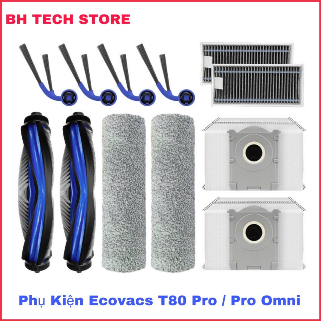 Bộ phụ kiện Ecovacs T80 Pro / T80 Pro Omni . Gồm : Chổi chính / Chổi cạnh / Lăn lau / Túi rác / Lọc bụi .