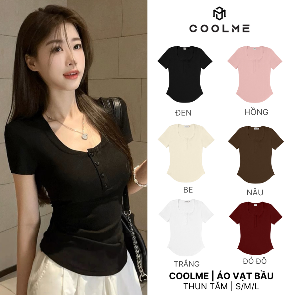 Áo thun nữ ôm body Coolme, áo kiểu nữ vạt bầu ngắn tay có cúc cổ cúp ngực chất thun tăm phong cách Hàn Quốc-GCC