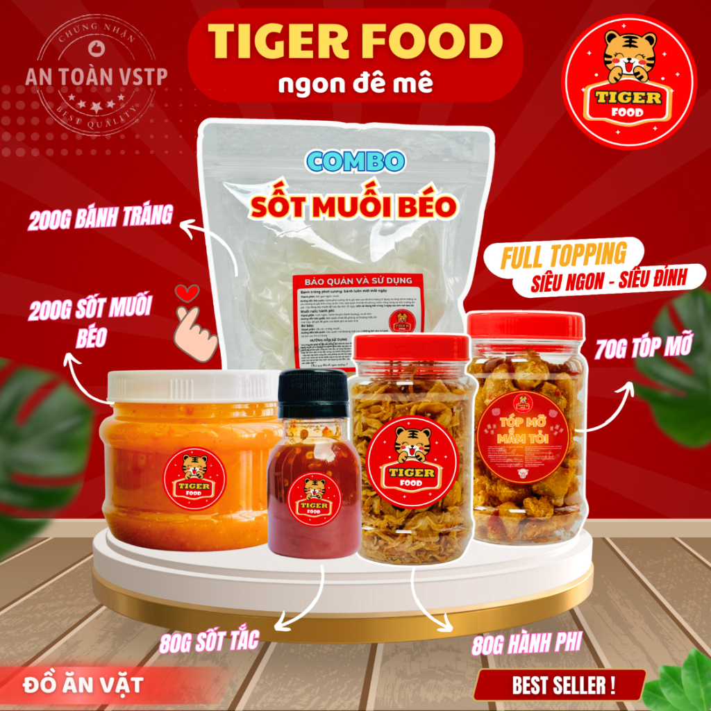 Bánh tráng muối béo TIGER FOOD Bánh tráng phơi sương muối béo + tóp mỡ + hành phi + sốt tắc FULL TOPPING siêu ngon Snack