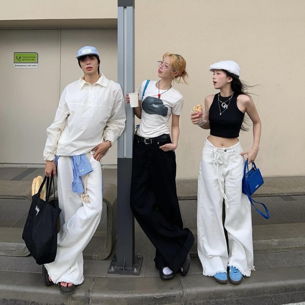 NORMAL COLOR LOOSE PLEAT - Quần jeans trắng ống rộng rách ống | BigBuy360 - bigbuy360.vn