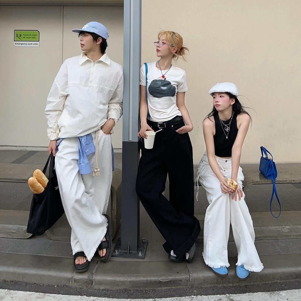 NORMAL COLOR LOOSE PLEAT - Quần jeans trắng ống rộng rách ống | BigBuy360 - bigbuy360.vn