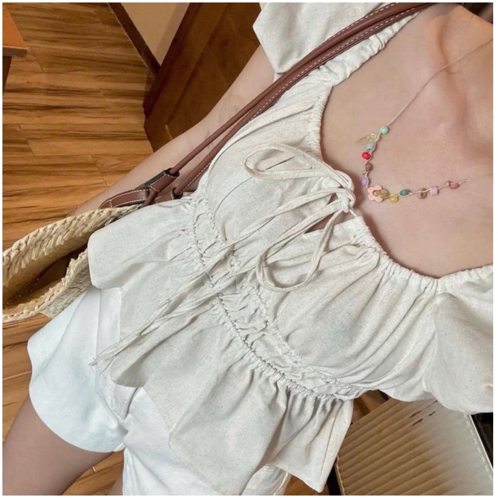 Áo Babydoll Linen Cổ Vuông Tay Bồng Nơ Ngực Xinh Xắn Shees Clothing Sài Gòn M329 | BigBuy360 - bigbuy360.vn