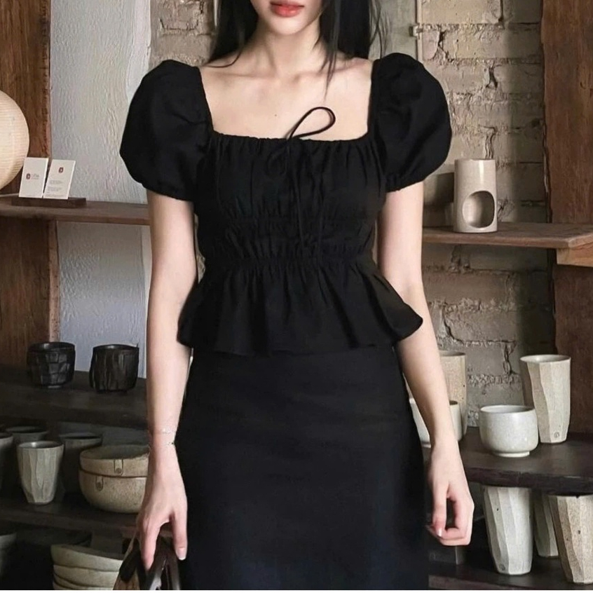 Áo Babydoll Linen Cổ Vuông Tay Bồng Nơ Ngực Xinh Xắn Shees Clothing Sài Gòn M329 | BigBuy360 - bigbuy360.vn