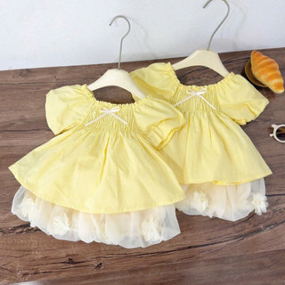  X85 Sét Style Hàn Quốc Tone Vàng Áo Baby Doll Phối Chân Váy Bí Hoa Lưới Siêu Xinh Cho Bé Gái 