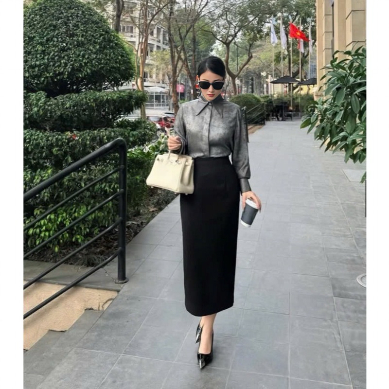 PHIÊN BẢN MỚI Chân Váy Suông Dáng Dài màu đen 90cm xẻ tà sau, chân váy xuông dài cải tiến tôn dáng, 