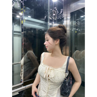 [Sẵn Ảnh Thật Chính Chủ] Áo Thô Mix Ren  2 Dây Chiết Eo  Dây Thắt Nơ