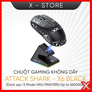 CHUỘT GAMING KHÔNG DÂY ATTACK SHARK – X6 (Dock Sạc / 3 Modes / 49G / PAW3395 / Up to 26.000 DPI)