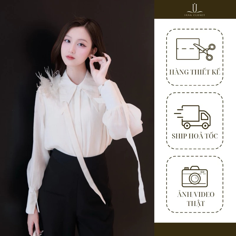JANG.CLOSET] Áo sơ mi nữ tơ mềm hai lớp màu kem BUTTERFLY TOP – nhẹ nhàng, thanh lịch, dễ phối
