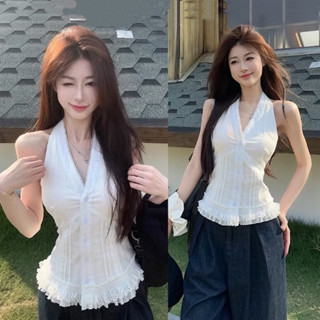 (HÀNG L1 SIZE S/M ) Áo Sơ Mi Cổ Yếm Xếp Viền Ren Áo Kiểu Nữ Xẻ Cổ V Phối Bèo Ulzzang Tiểu Thư Đi Chơi Biển Nhún Bèo TIBU