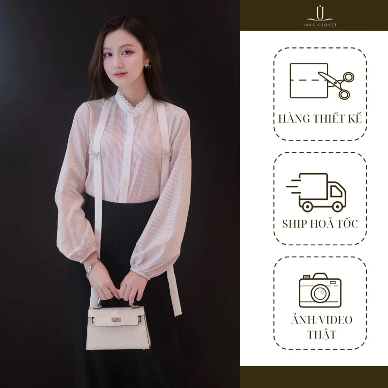 [JANG.CLOSET] Áo sơ mi cổ tàu sọc trắng hồng CAMI TOP – thanh lịch đi làm, nhẹ nhàng đi chơi