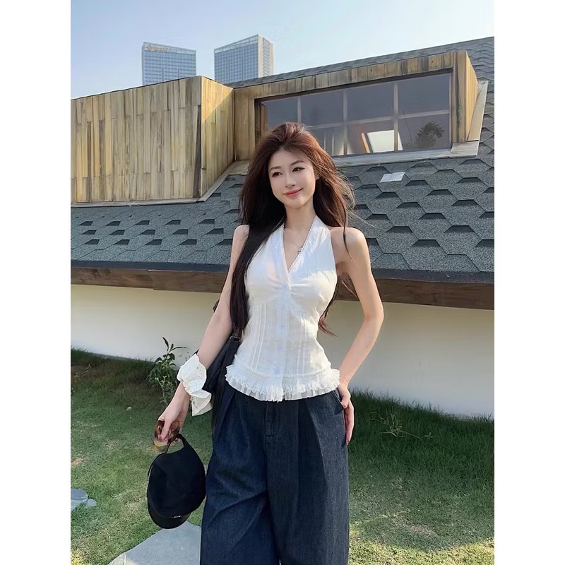 (HÀNG L1 SIZE S/M ) Áo Sơ Mi Cổ Yếm Xếp Viền Ren Áo Kiểu Nữ Xẻ Cổ V Phối Bèo Ulzzang Tiểu Thư Đi Chơi Biển Nhún Bèo TIBU | BigBuy360 - bigbuy360.vn