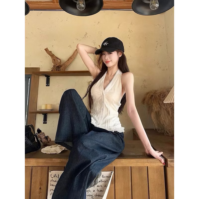 (HÀNG L1 SIZE S/M ) Áo Sơ Mi Cổ Yếm Xếp Viền Ren Áo Kiểu Nữ Xẻ Cổ V Phối Bèo Ulzzang Tiểu Thư Đi Chơi Biển Nhún Bèo TIBU | BigBuy360 - bigbuy360.vn