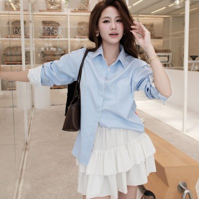 Áo sơ mi kẻ sọc nữ GILLEE sơ mi form rộng vải kate Lụa phối viền ren tay và nẹp áo FAS371