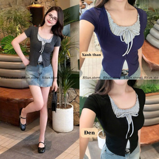 Áo thun cộc tay phối bèo buộc nơ bigsize Rsun, Áo nữ ngắn tay 2 lớp dáng ôm chất thun cotton 428