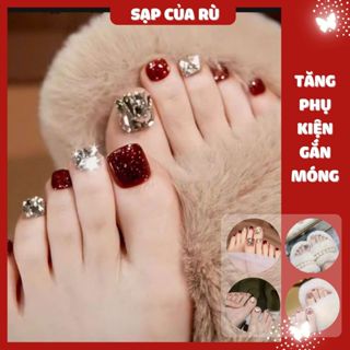 [hàng quốc tế] Set 24 móng chân giả đính đá lấp lánh, slay du xuân - Sạp Của Rù