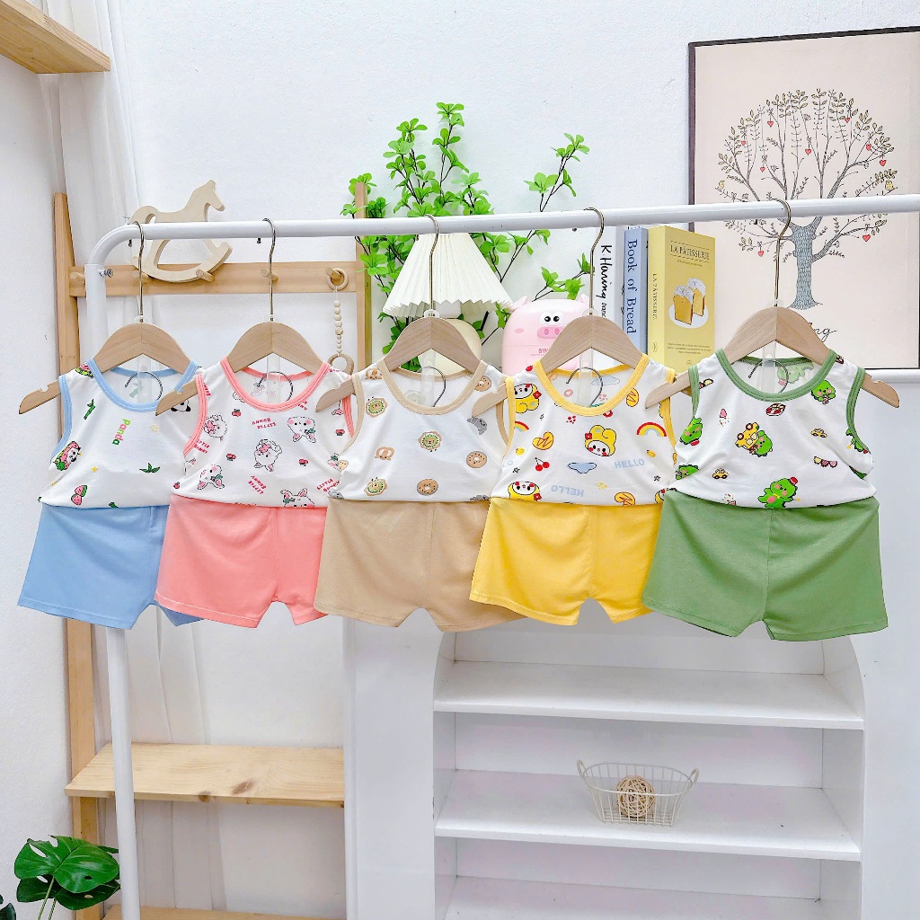 [A197 Mềm, Mát, Được Chọn Mẫu] Bộ Ba Lỗ Thun Lạnh Minky Họa Tiết Trắng Phối Mầu Cho Bé Trai Bé Gái