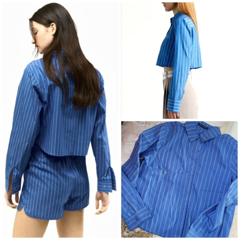 [HÀNG MỸ] Áo sơ mi lửng AMERICAN EAGLE OUTFITTERS linen cotton xanh blue sọc vàng tay dài