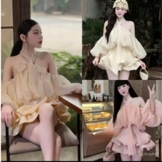 Set Áo Voan Cổ Yếm Tay Bồng Mix Quần Tatta Giả Váy