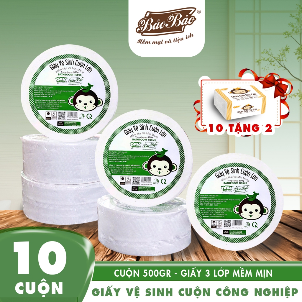 Giấy Vệ Sinh Cuộn Công Nghiệp lớn 500gr Bảo Bảo - Mềm Mịn, Không Bụi, Tan Nhanh Trong Nước