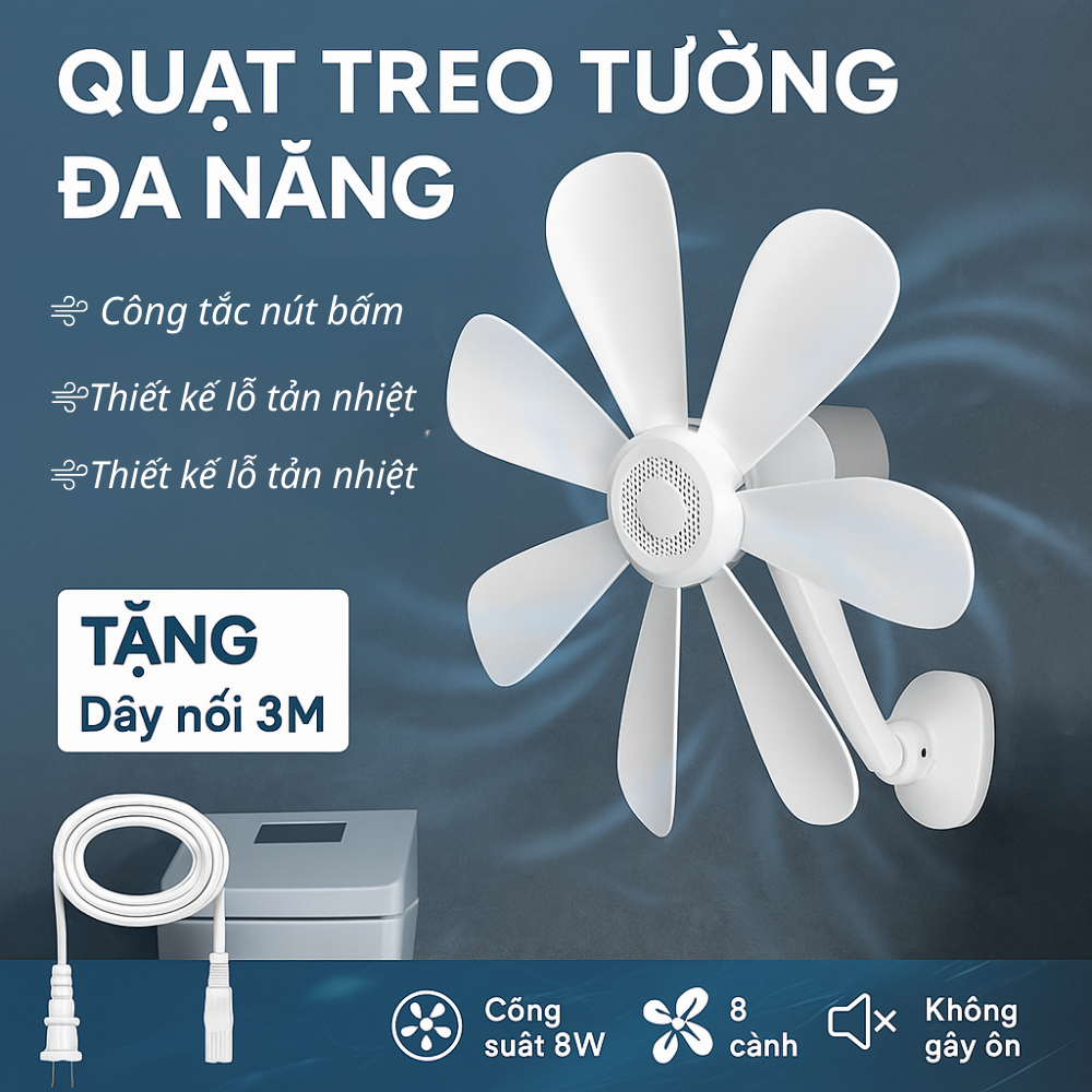 Quạt Treo Tường 8 Cánh Xoay 360 Độ Không Tiếng Ồn 220V/50Hz, Quạt Treo Nhà Vệ Sinh, Nhà Bếp - Tặng Dây Nối 4,5m