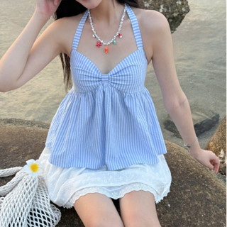 AREUM Áo Babydoll Cổ Yếm YOKO Top Chất Liệu Cotton Sọc