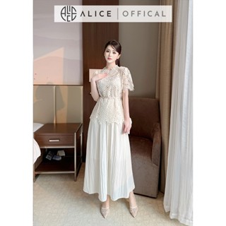 Set Váy Công Sở Thanh Lịch Alice, Áo Ren Hoa Cổ Tròn Tay Ngắn Bồng Phối Dây Đeo Eo, Chân Váy Chất Tơ Nhăn Dáng Dài S871