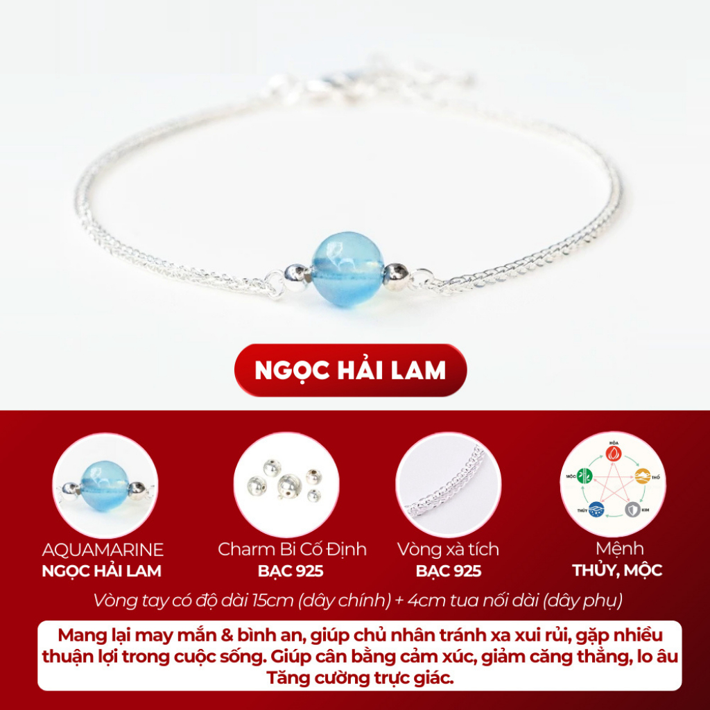  Vòng tay bạc nữ TYCHE bạc 925 mix hạt đá đơn phong thủy Tự Nhiên và charm bi bóng 