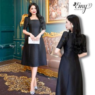  Đầm Thiết Kế EMY Thời Trang Cao Cấp Thanh Lịch EM7620 Vải Gấp Tafta Xước Nền Đen Chảnh Đi Tiệc 