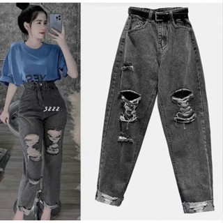 Quần Jean Baggy Nữ Bigsize 55-90kg, Màu Xám Rách Tua Lai 4484, Lưng Cao - Không Giãn Dài 98cm